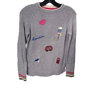 Mini Boden Girl Gray Sweater W/Embroidered London Accents Sz 13-14 Yrs
